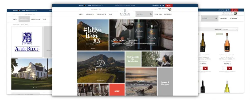 The picture shows the home page of the web store of Capreo, an online wine merchant for South African wines