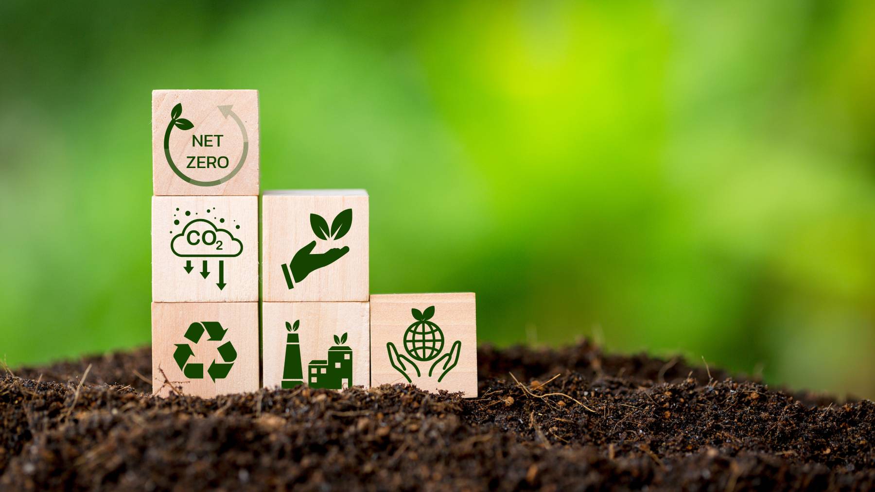 The picture shows small wooden cubes symbolizing climate friendliness and sustainability