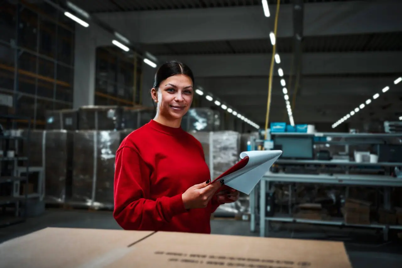 Eine Mitarbeiterin steht an der Verpackungsstrasse und kontrolliert die Warenausgänge